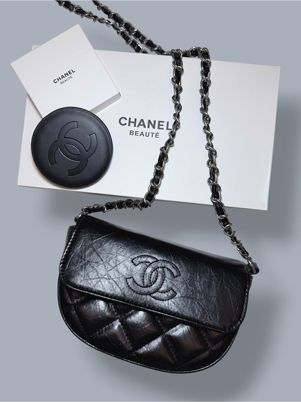 CHANEL Beauté GWP items Black Quilted Chain Pouch with Mirror & Boxes